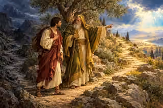 An elder gently guides an attentive traveler toward a sunlit mountain path, suggesting loving correction and growth.