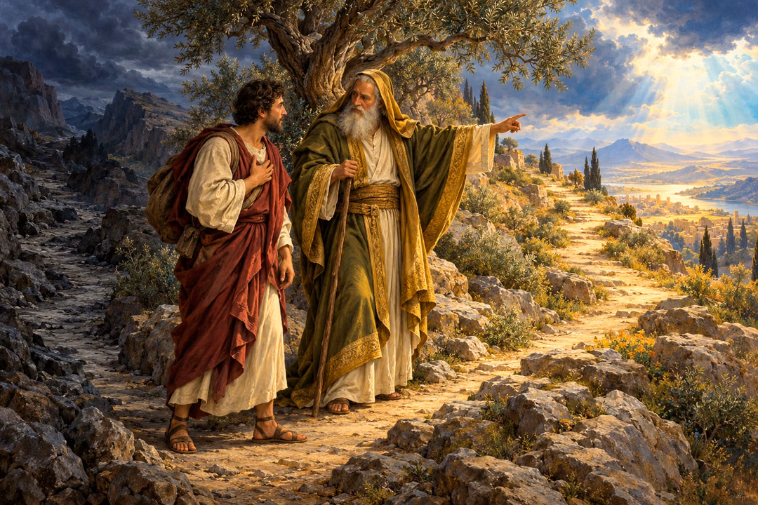 An elder gently guides an attentive traveler toward a sunlit mountain path, suggesting loving correction and growth.
