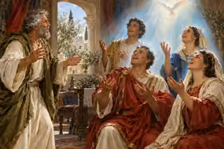 Peter watches as Cornelius's household lifts open hands in joyful utterance beneath a dove and luminous blue-white light.