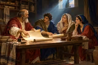 An elderly apostolic teacher opens a blank parchment scroll to three attentive learners as window light falls across the table.
