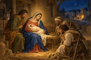 Mary holds the swaddled infant Jesus in a humble stable as Joseph and two ordinary shepherds bow nearby.