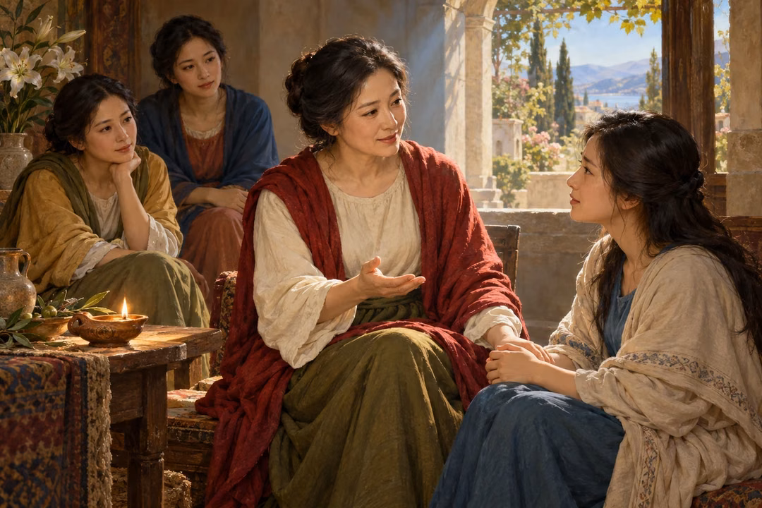 A gentle East Asian woman speaks with quiet confidence to an attentive gathering.