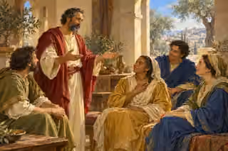 Paul teaches an attentive group of ancient believers in a bright hall opening onto an olive grove.