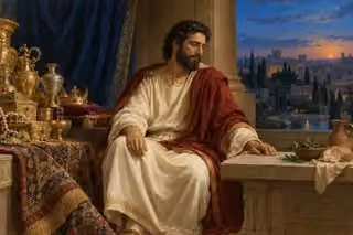 Solomon sits thoughtfully between gold treasures and a simple meal of bread and herbs, with his crown set aside and a city at twilight beyond.
