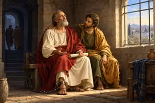 The imprisoned apostle Paul looks toward the dawn while Luke remains loyally beside him and distant companions depart.