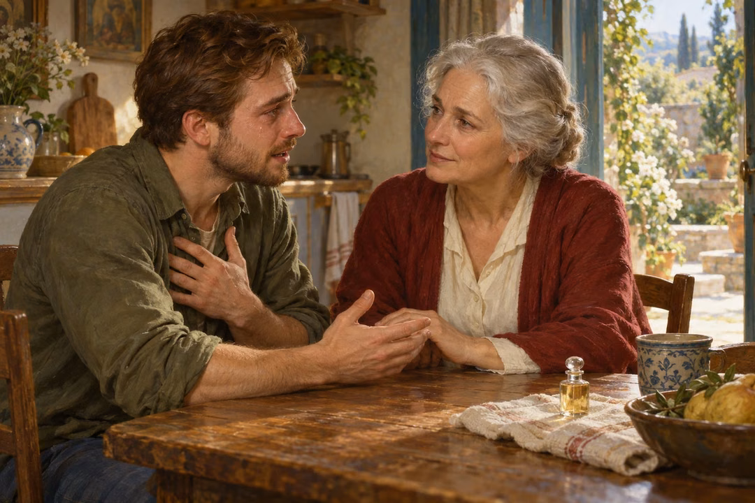 An older woman listens with compassion as a tearful friend opens his heart at a kitchen table.