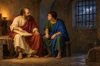 Raphael-inspired oil painting of Paul, chained at the ankle, pointing to a scroll as Timothy listens in a lamplit stone prison beneath a storm-dark window.