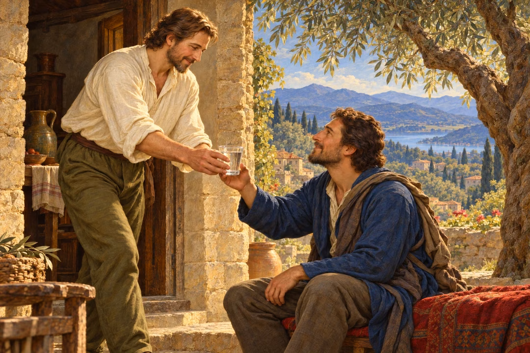 A man offers a cup of water to a weary traveler at a cottage doorway.