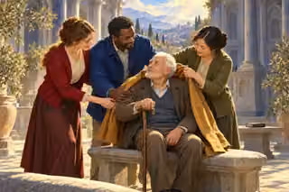 Three modestly dressed neighbors support an elderly man on a courtyard bench and place a gold coat around him, with ornate columns and an unmarked book behind.