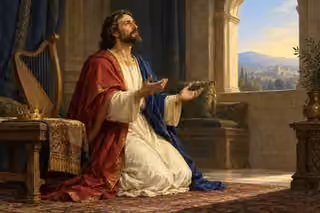 King David kneels in humble prayer beside his set-aside crown, with soft dawn light entering a quiet palace chamber.