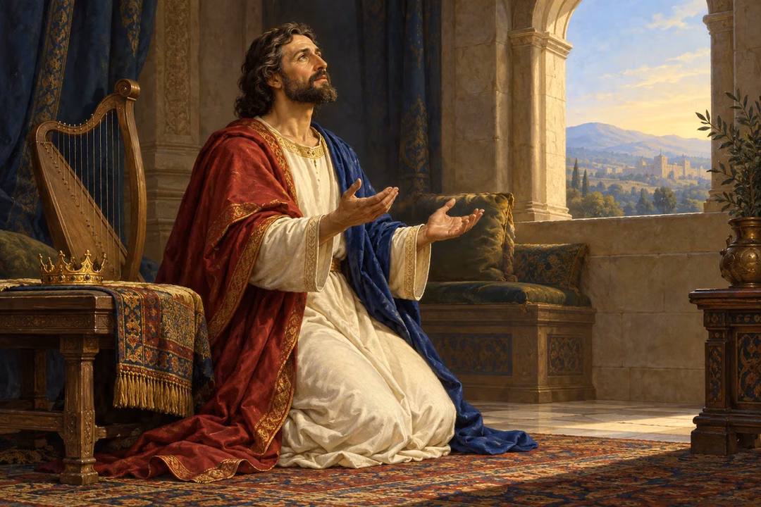 King David kneels in humble prayer beside his set-aside crown, with soft dawn light entering a quiet palace chamber.