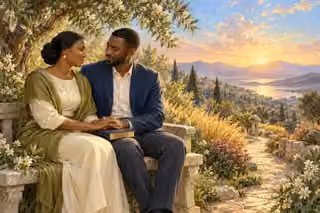 A devoted couple holds hands beside scripture in a garden at dawn.