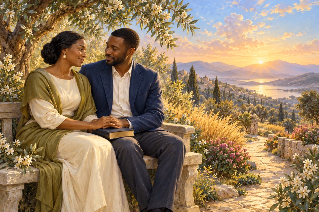 A devoted couple holds hands beside scripture in a garden at dawn.