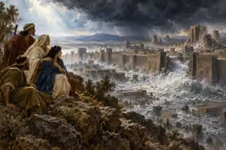 Four robed travelers watch safely from a high rocky refuge as floodwater surges through the gates and towers of a monumental ancient city beneath storm clouds.