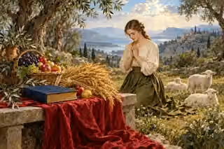 A believer prays beside fruit and wheat offerings while lambs rest in a quiet meadow.