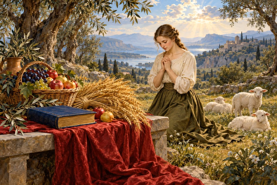 A believer prays beside fruit and wheat offerings while lambs rest in a quiet meadow.