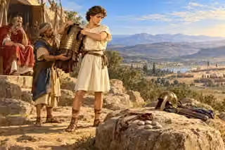 David calmly hands oversized bronze armor to an attendant while Saul watches; a sling and five smooth stones rest on a rock above a distant army camp.
