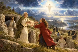 Painting of fully clothed believers rising bodily from hillside resting chambers as Jesus appears within a broad band of light across storm clouds.