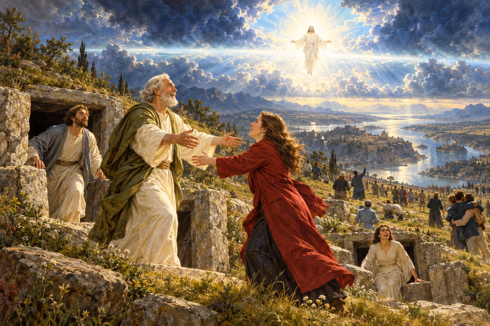 Painting of fully clothed believers rising bodily from hillside resting chambers as Jesus appears within a broad band of light across storm clouds.