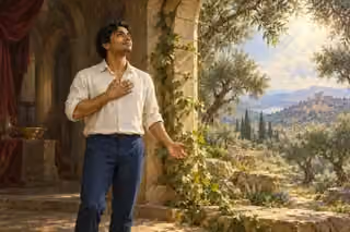 A South Asian man stands in quiet prayer at a sunlit threshold, with ceremonial vessels in shadow behind him and a living vine reaching into the luminous garden ahead.