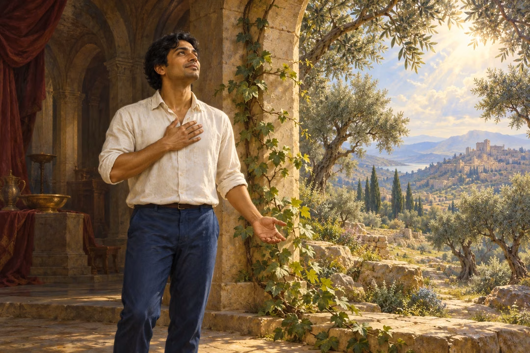 A South Asian man stands in quiet prayer at a sunlit threshold, with ceremonial vessels in shadow behind him and a living vine reaching into the luminous garden ahead.