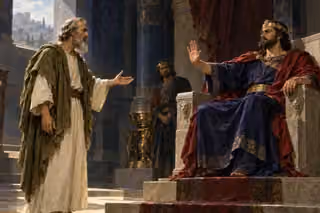 A humble prophet extends an open hand toward King Amaziah, who raises a dismissive palm from his throne as an attendant watches.
