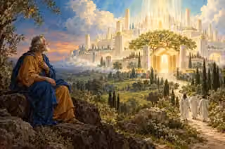 Raphael-inspired oil painting of the apostle John seated on a rock, gazing toward a radiant ivory city and a tree above its gate as three white-robed pilgrims approach along a green landscape.