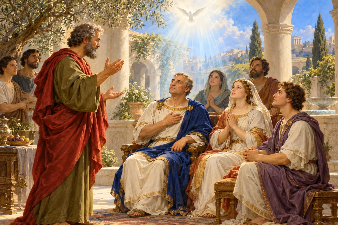 Peter addresses Cornelius and his household as a dove and radiant light symbolize life in the Holy Spirit.