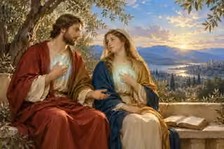 Two European believers share peaceful fellowship beneath olives in pearl dawn light.