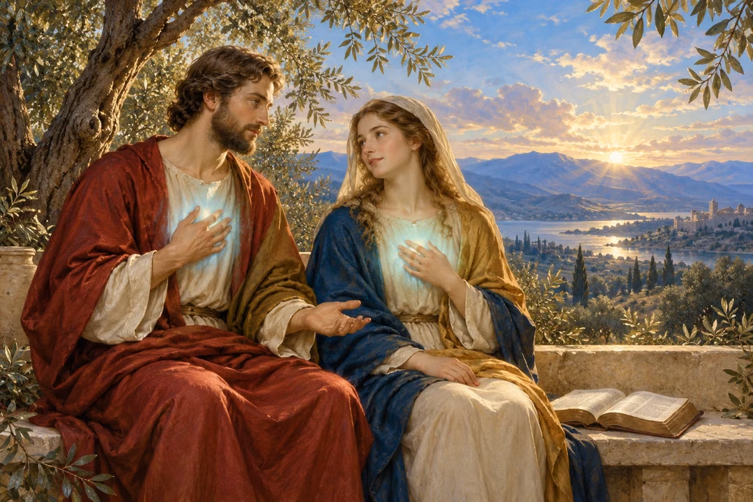 Two European believers share peaceful fellowship beneath olives in pearl dawn light.