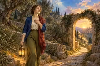 A woman carries a lantern along a narrow path toward a sunlit gate, guided by soft spiritual light.