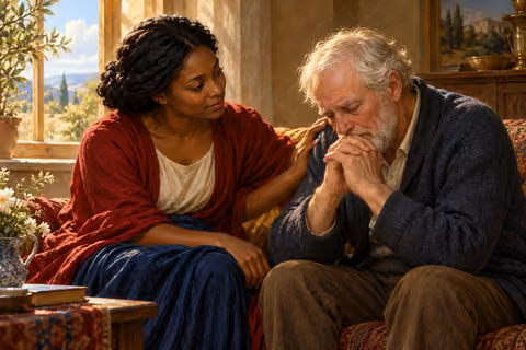 A woman offers comfort to a sorrowful elderly man in a warmly lit room.