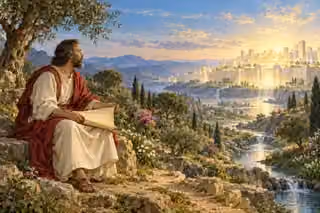 A contemplative ancient reader in crimson and ivory sits beneath an olive tree holding a blank scroll, looking across a flowering river valley toward a radiant pearly New Jerusalem at dawn.