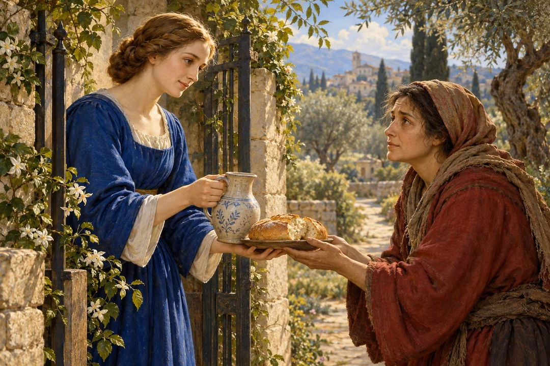 A woman offers bread and water to a weary neighbor at a garden gate.