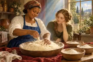 A woman adds leaven to a large bowl of dough while a younger woman watches, with three bowls of flour on a red-covered table.
