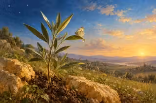 A fresh seedling grows between stones beneath a sky changing from stars to dawn.