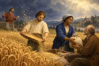 A worker winnows wheat and a woman gives grain to an elderly man while a distant speaker gestures with empty hands.