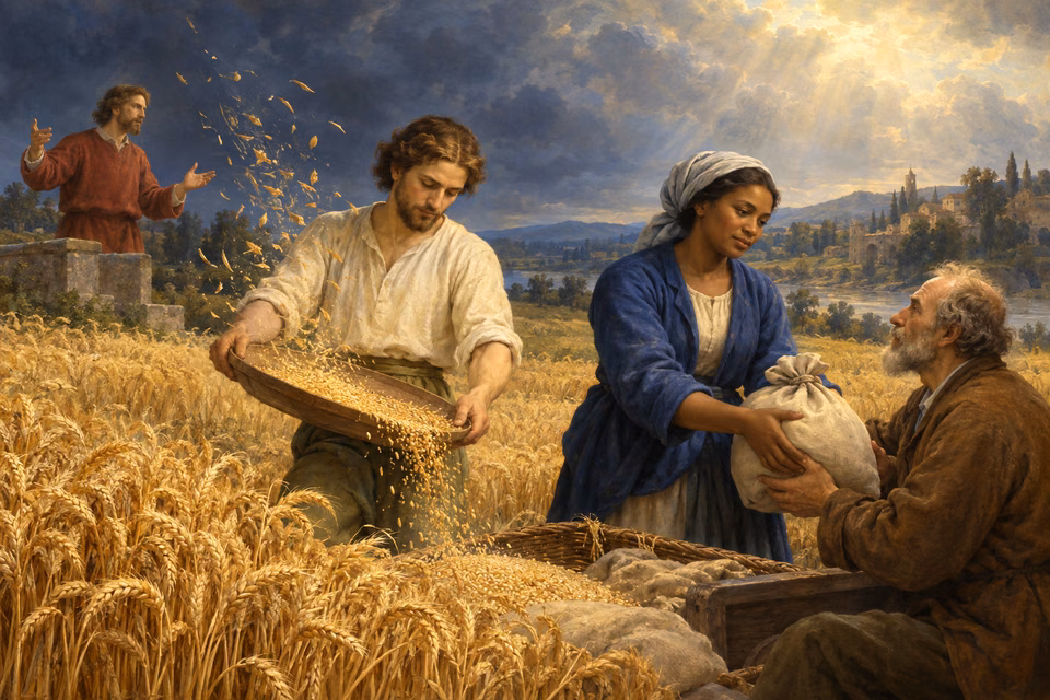 A worker winnows wheat and a woman gives grain to an elderly man while a distant speaker gestures with empty hands.