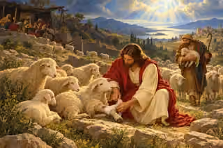 Christ binds the leg of a wounded sheep while a caring shepherd regathers the flock and neglectful shepherds feast in shadow.