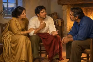 Latino man sharing a concern with two compassionate companions beside a warm hearth.
