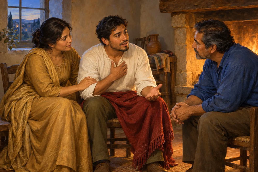 Latino man sharing a concern with two compassionate companions beside a warm hearth.