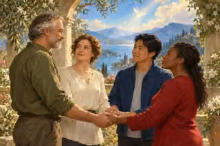 Four adults of different ages and backgrounds hold hands peacefully beneath a flowering stone arch beside a lake.