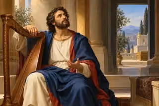 Asaph sits beside his harp in a tranquil sanctuary, turning from distant worldly splendor toward a soft light of prayer and understanding.