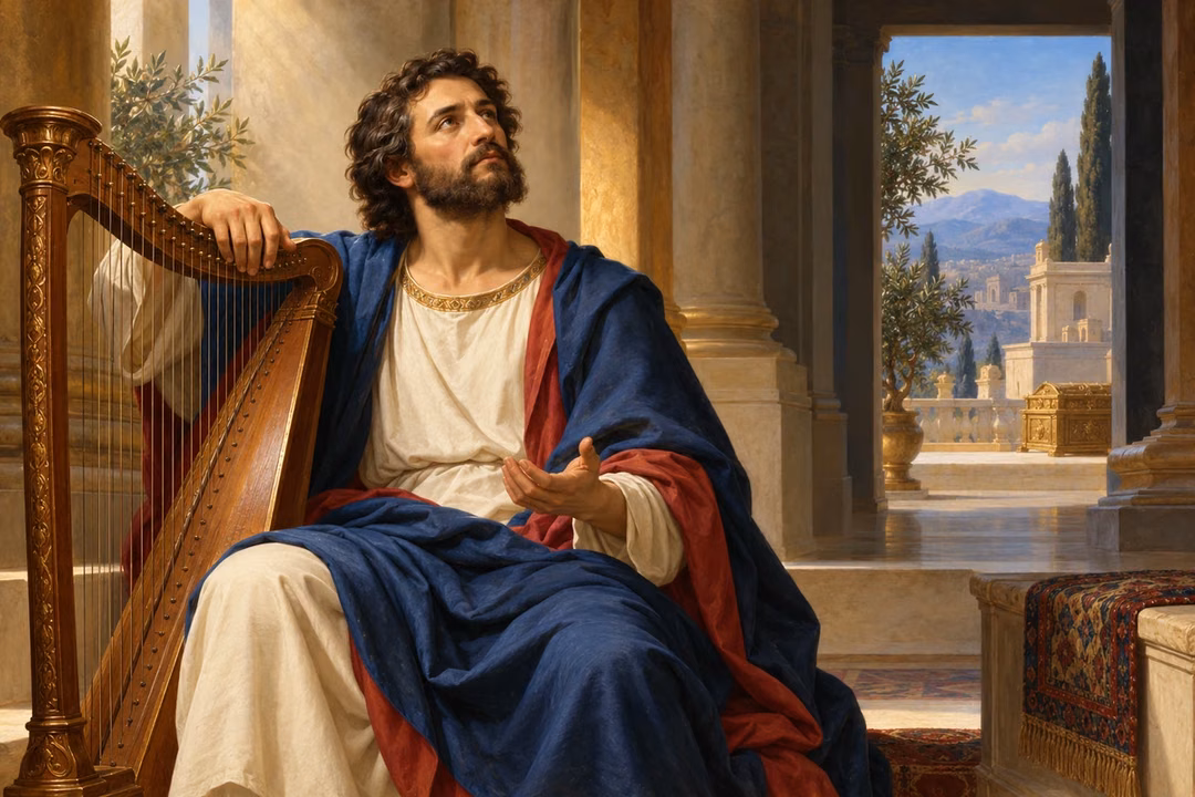 Asaph sits beside his harp in a tranquil sanctuary, turning from distant worldly splendor toward a soft light of prayer and understanding.
