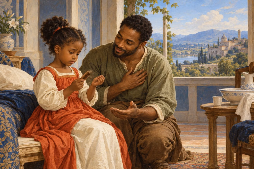 A father gently reassures his young daughter holding a wooden comb, directing her attention toward the heart.