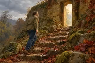 A man in an olive jacket climbs a steep autumn stone path toward a narrow gate opening onto soft light.