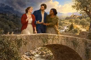 Three believers stand steadily together on a stone bridge under clearing skies, with sparrows nearby and warmth replacing the shadow of fear.