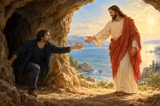 A weary man leaves a shadowed cave toward Christ’s welcoming hand by the shore.