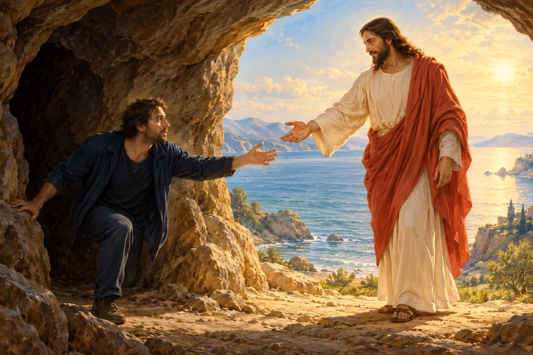 A weary man leaves a shadowed cave toward Christ’s welcoming hand by the shore.