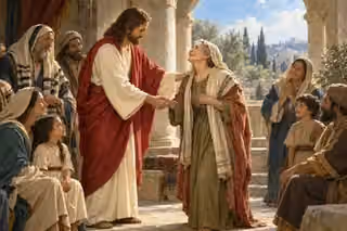 Jesus steadies a healed elderly woman as joyful onlookers watch.